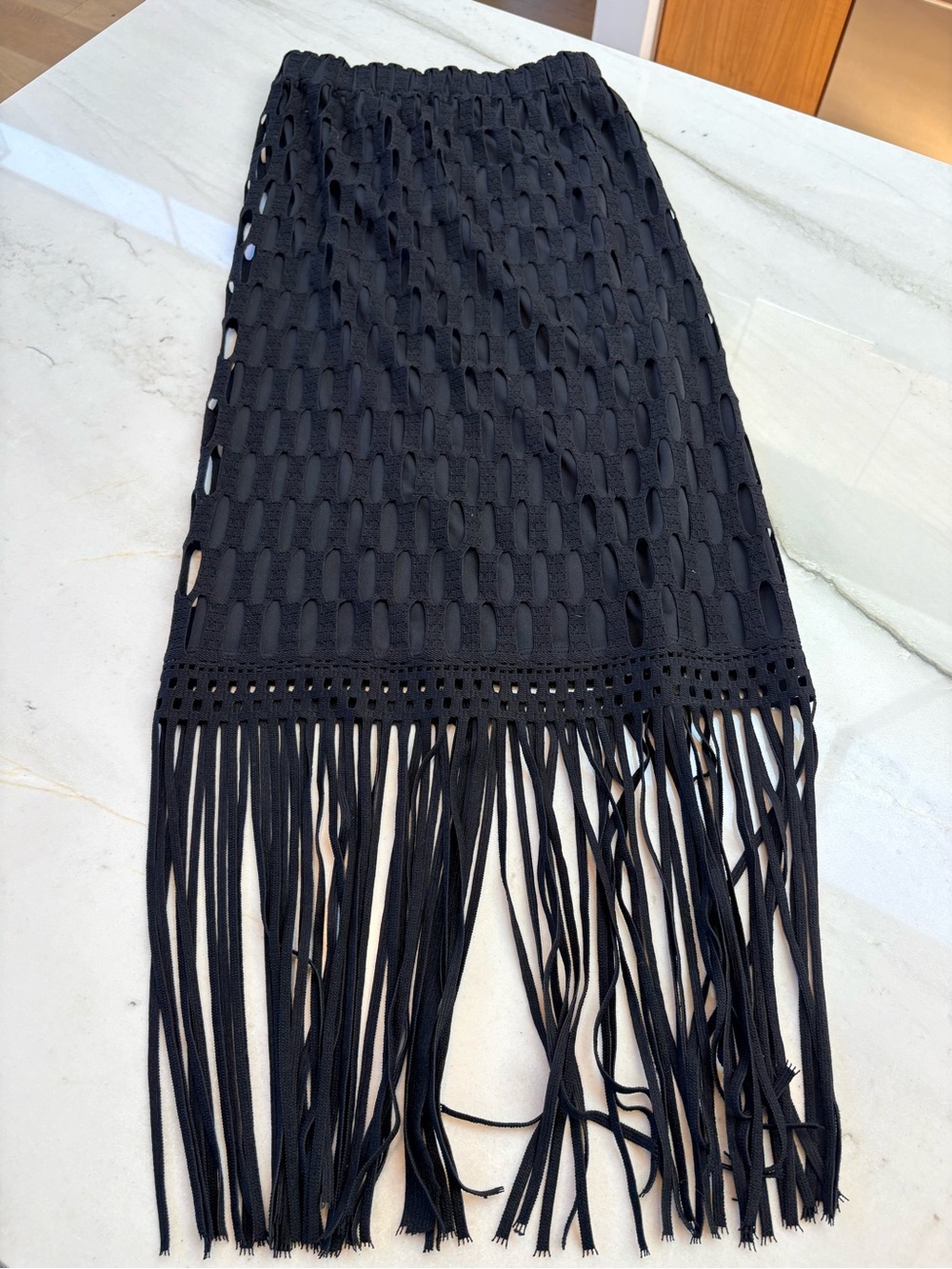 Topshop Black Crochet Midi Skirt with Fringe Hem